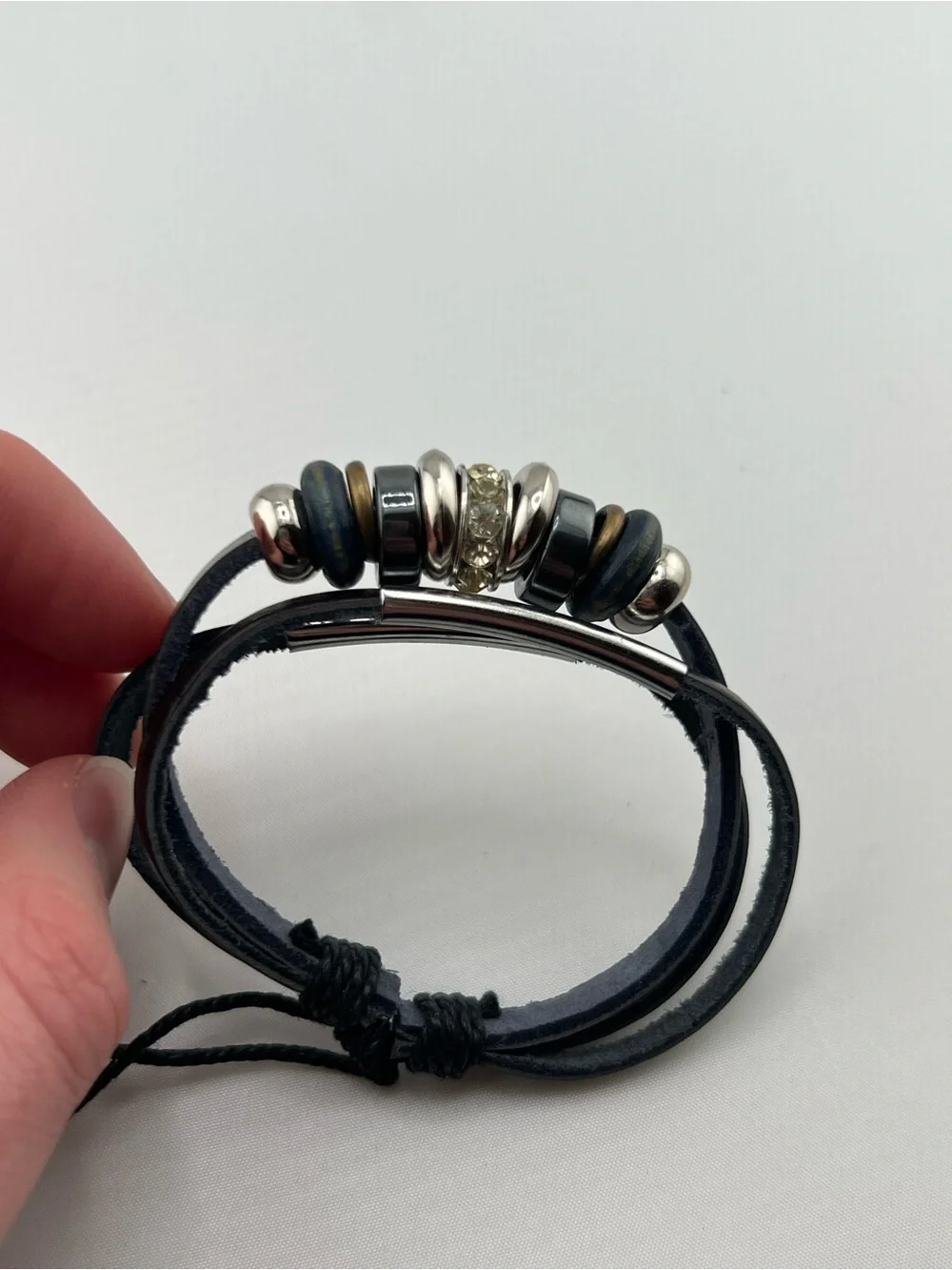 Black Leather Multi Strand Bracelet Silver Bead Rhinestone Accent Unisex